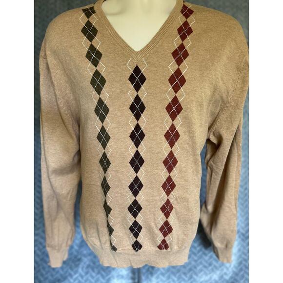 Tasso Elba V Neck Argyle Cotton & Cashmere Pullover size XL Preppy Fall Classic - Picture 1 of 3